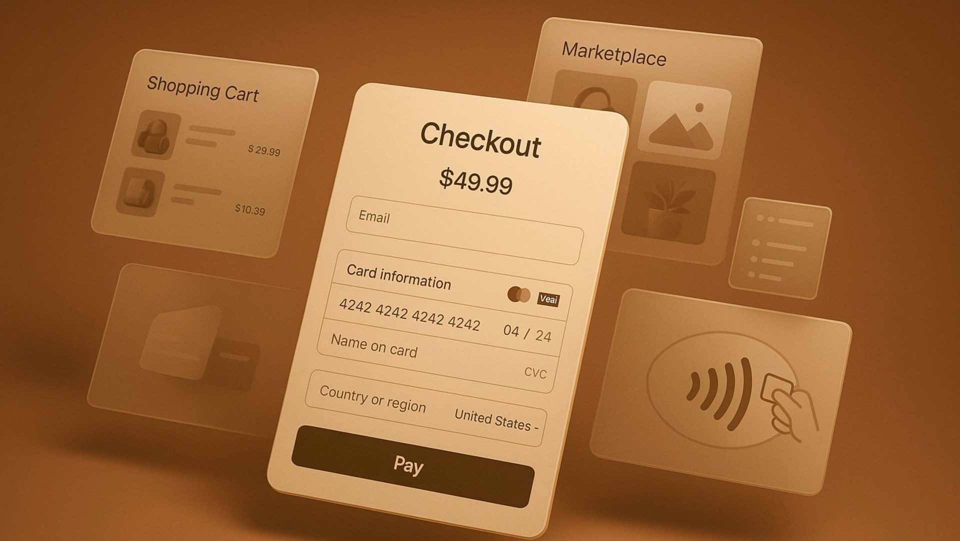 Online checkout screen with payment details and shopping cart.
