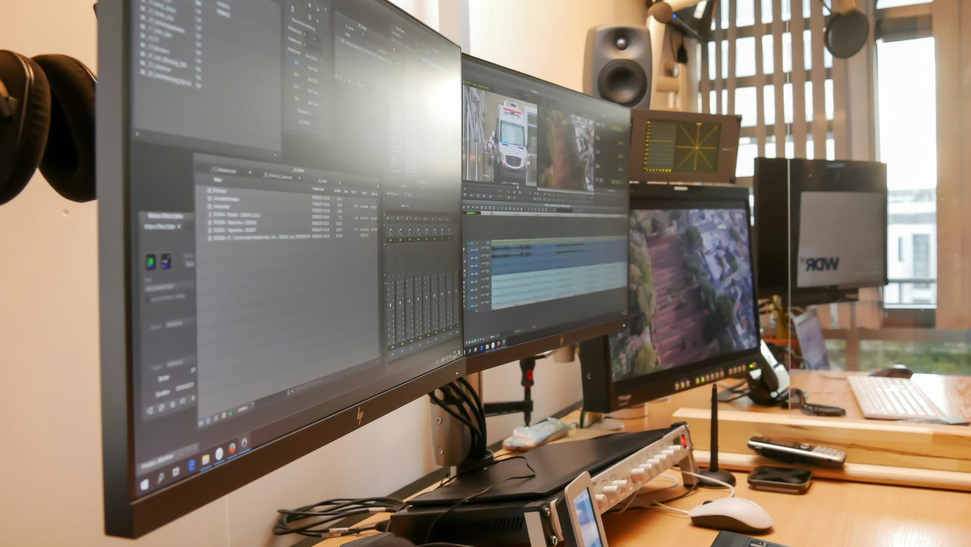 black flat screen computer monitor on brown wooden desk